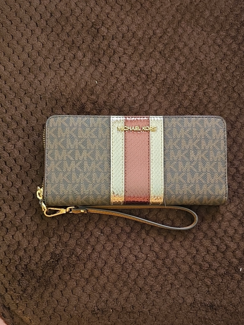 Michael Kors Brown, Red and Cream Stripe Wristlet Wallet